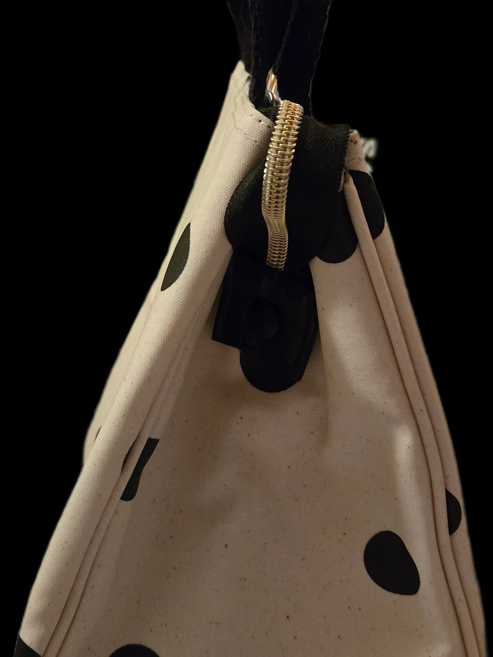 kate spade Beige Canvas Lunch Tote w Black Polka Dots,Gold Zipper,Snaps 10x9x6